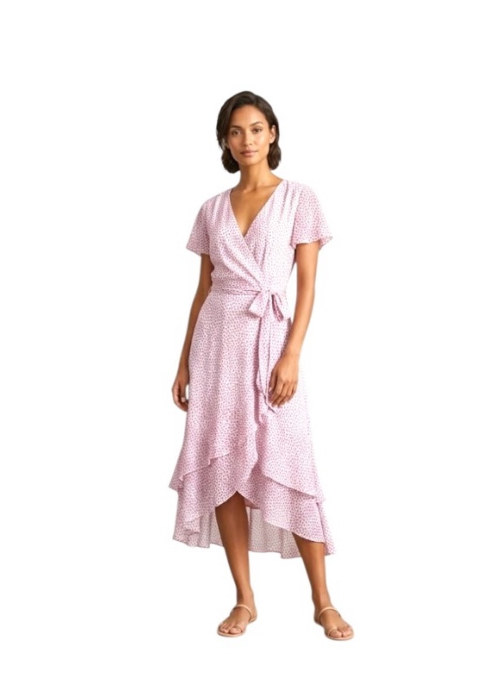 SAGE Collective White Pink Chiffon Wrap Dress High-Low Abstract Dots Feminine SM